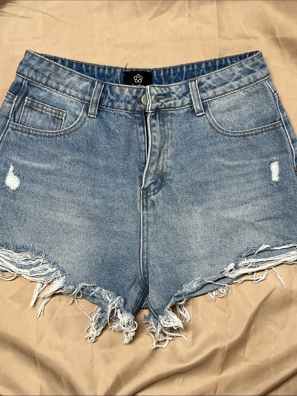 Frayed Hem High-Rise Denim Shorts - Light Blue